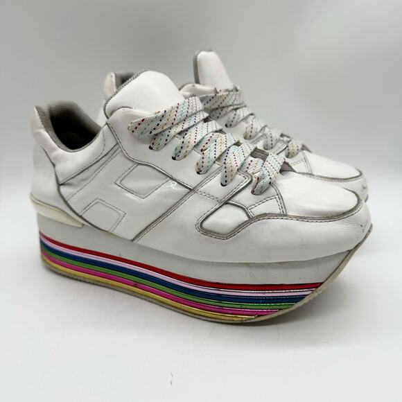 White & Metallic Rainbow Platform Lace Up Sneaker - Festival Pride Colorful Art - Picture 2 of 14